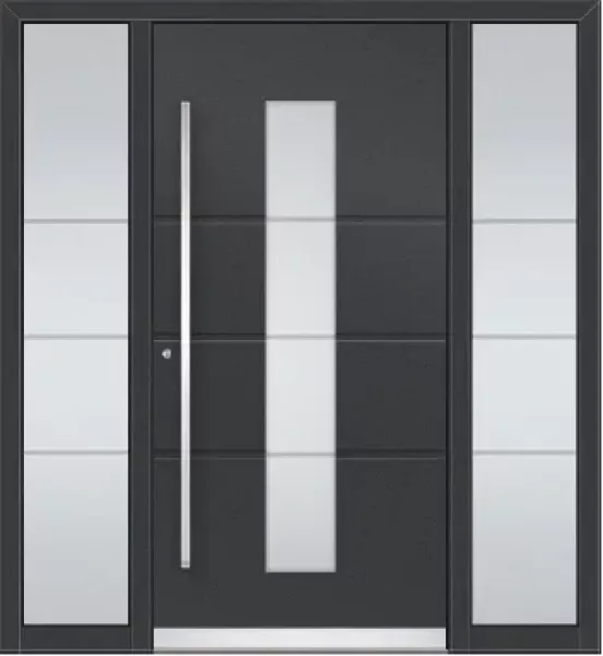 Schüco Aluminium Haustüre in grau mit 2 Seitenteilen und Glasmotiv