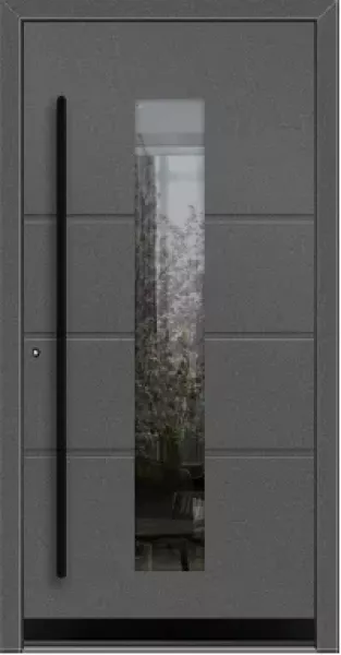 Moderne Schüco Haustür in Anthrazit mit langem Glaseinsatz und schwarzem Stangengriff