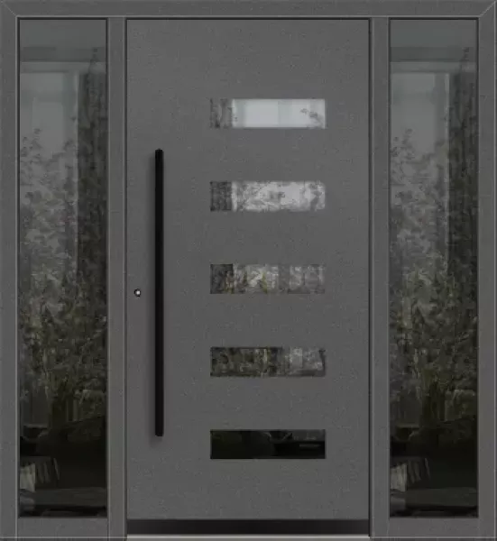 Schüco Aluminium Haustüre in grau mit 2 Seitenteilen und schwarzem Griff