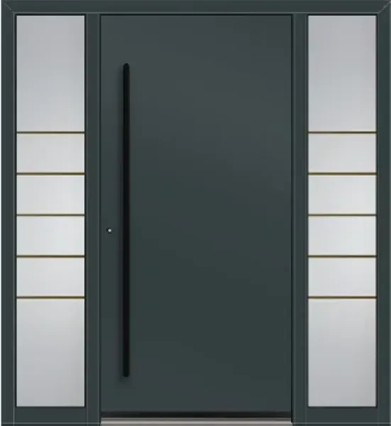Schüco Aluminium Haustüre in grau mit 2 Seitenteilen und schwarzem Griff