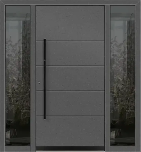 Schüco Aluminium Haustüre in grau mit 2 Seitenteilen und schwarzem Griff