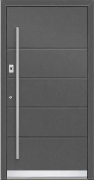 Moderne Schüco Haustür in Anthrazit mit langem Glaseinsatz und Edelstahl Stangengriff