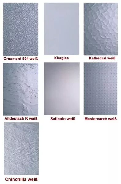 Übersicht verschiedener Glasarten für Türen: Muster von Klarglas, Satinato, Mastercarré und Ornamentglas-Strukturen.