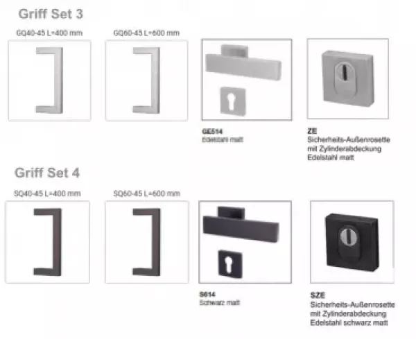 Griff Set in Edelstahl oder Schwarz Profil eckig
