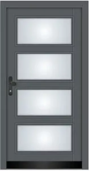 Moderne Massivholz-Haustür Modell KS-102 in heller Holzoptik mit vier vertikal angeordneten rechteckigen Lichtausschnitten aus Milchglas.