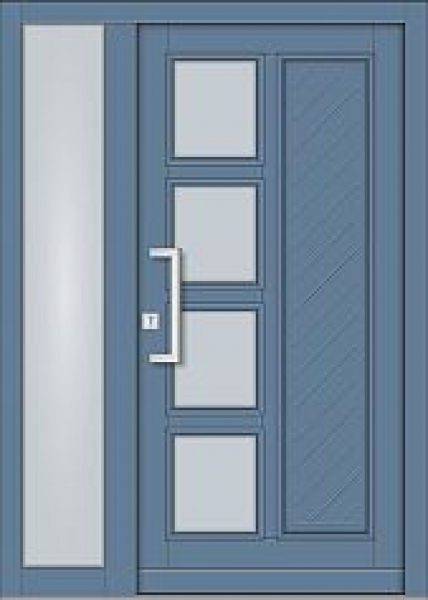Moderne blaue Haustür mit festem Seitenteil links, 4 Glasfeldern, diagonalem Paneelprofil und Edelstahlsockelblende.