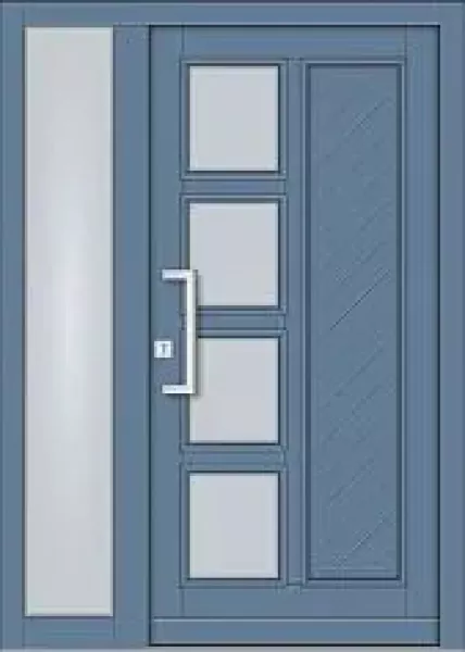 Moderne blaue Haustür mit festem Seitenteil links, 4 Glasfeldern, diagonalem Paneelprofil und Edelstahlsockelblende.