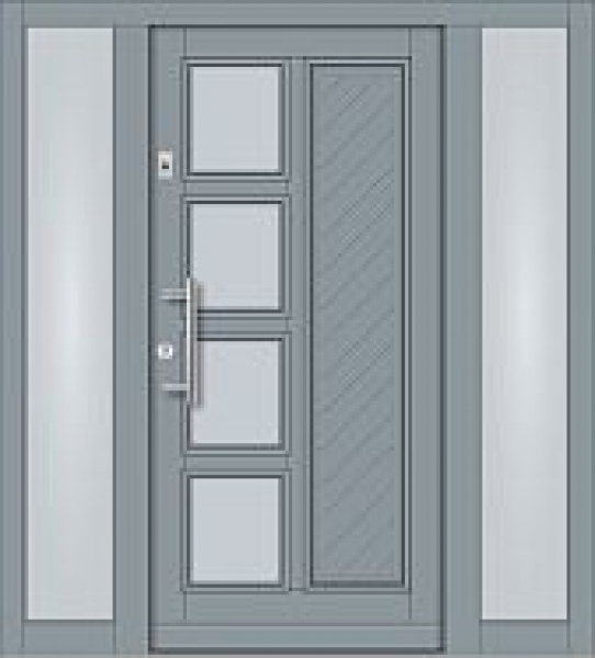 Moderne graue Haustür mit 2 Seitenteilen, 4 Glasfeldern, diagonalem Paneelprofil und Edelstahlsockelblende.