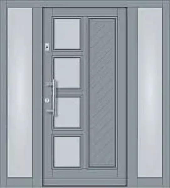Moderne graue Haustür mit 2 Seitenteilen, 4 Glasfeldern, diagonalem Paneelprofil und Edelstahlsockelblende.