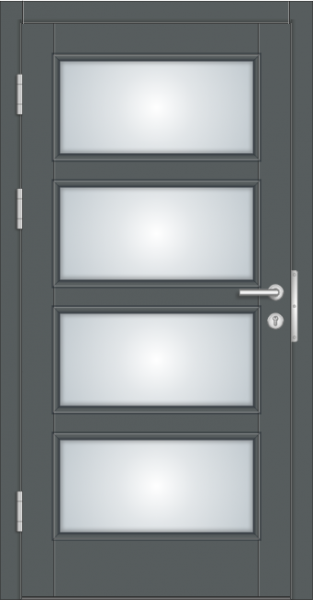 Holzhaustüre Fichte in Grau mit 4 satinierten Glasfeldern und grauen Türbändern