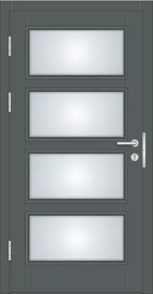 Moderne Massivholz-Haustür Modell KS-102 in Anthrazitgrau (RAL 7016) mit vier rechteckigen Lichtausschnitten aus Milchglas und schwarzer Drückergarnitur.