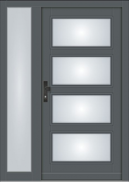 Moderne Holz-Haustür Modell KS-102 in Anthrazitgrau (RAL 7016) mit vier rechteckigen Lichtausschnitten, passendem Seitenteil und schwarzer Drückergarnitur.