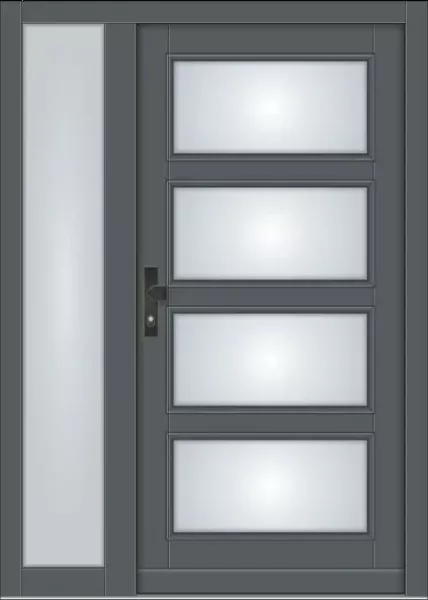 Moderne Holz-Haustür Modell KS-102 in Anthrazitgrau (RAL 7016) mit vier rechteckigen Lichtausschnitten, passendem Seitenteil und schwarzer Drückergarnitur.