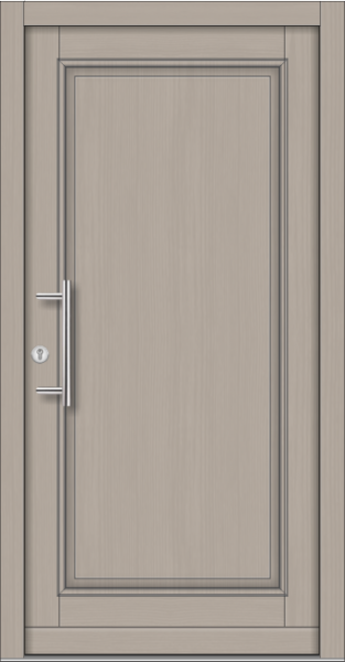 Klassische Massivholz-Haustür Modell KS-100 in grauer Holzoptik mit vollflächig geschlossener Füllung und modernem Edelstahl-Stoßgriff.