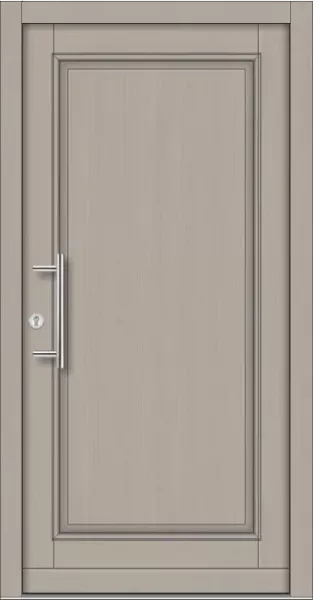 Klassische Massivholz-Haustür Modell KS-100 in grauer Holzoptik mit vollflächig geschlossener Füllung und modernem Edelstahl-Stoßgriff.