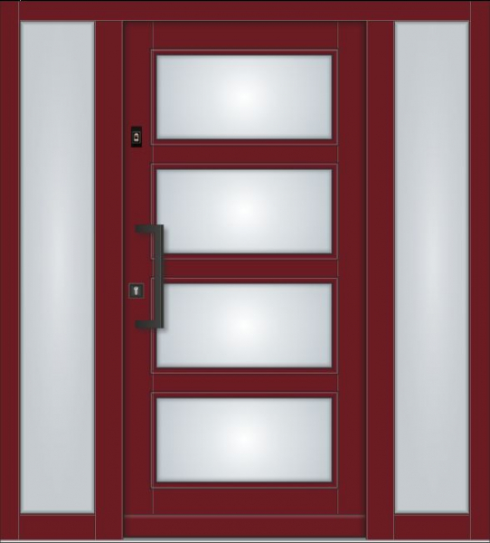 Klassische Massivholz-Haustür Modell KS-102 in Purpurrot mit vier rechteckigen Glasfeldern, zwei feststehenden Seitenteilen aus Milchglas und schwarzem Stoßgriff.