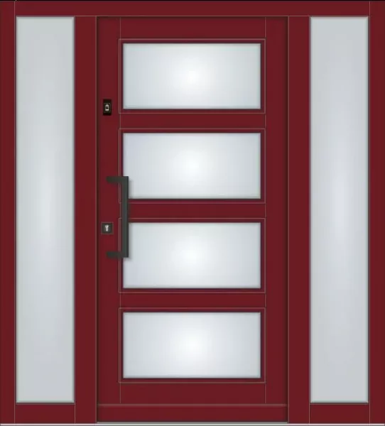 Klassische Massivholz-Haustür Modell KS-102 in Purpurrot mit vier rechteckigen Glasfeldern, zwei feststehenden Seitenteilen aus Milchglas und schwarzem Stoßgriff.