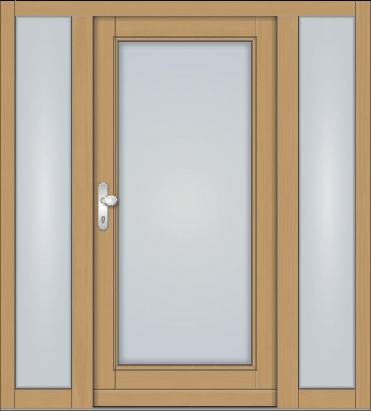 Symmetrische Massivholz-Haustür KS-101 mit großem Lichtausschnitt und zwei feststehenden Seitenteilen aus Milchglas, helle Holzoptik mit silberner Drückergarnitur.