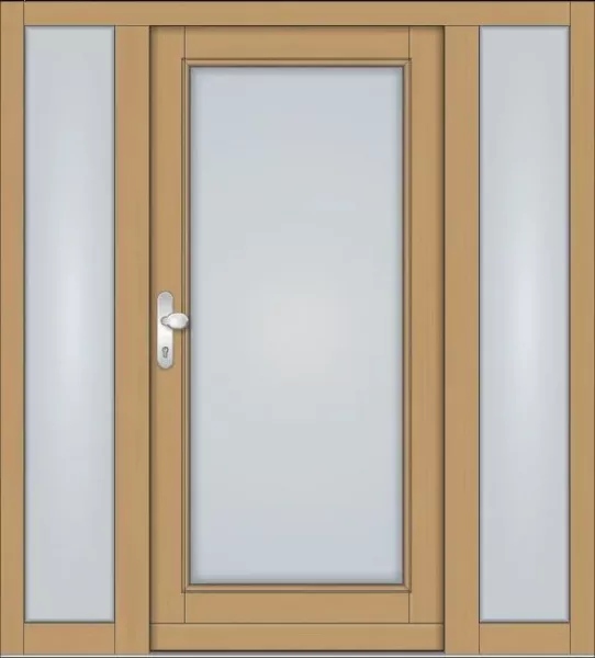 Symmetrische Massivholz-Haustür KS-101 mit großem Lichtausschnitt und zwei feststehenden Seitenteilen aus Milchglas, helle Holzoptik mit silberner Drückergarnitur.