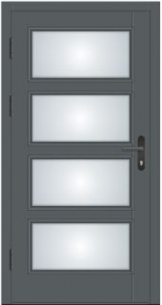 Moderne Massivholz-Haustür Modell KS-102 in Anthrazitgrau (RAL 7016) mit vier rechteckigen Lichtausschnitten aus Milchglas und schwarzer Drückergarnitur.
