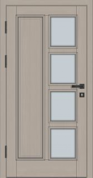 Moderne graue Haustür mit 4 quadratischen Glaseinsätzen, schwarzen Beschlägen, Innenansicht.