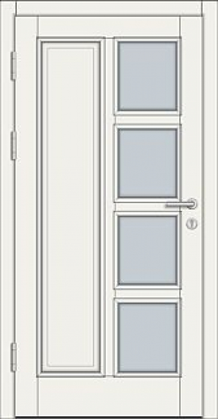 Moderne weiße Haustür mit 4 quadratischen Glaseinsätzen, schwarzen Beschlägen, Innenansicht.