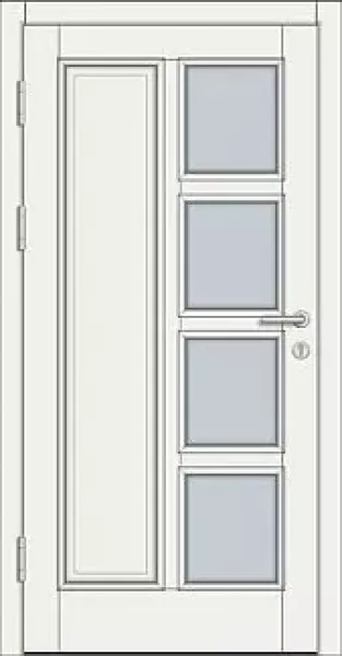 Moderne weiße Haustür mit 4 quadratischen Glaseinsätzen, schwarzen Beschlägen, Innenansicht.