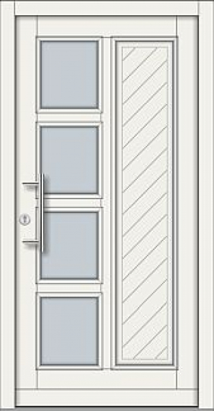 Moderne weiße Haustür mit 4 quadratischen Glaseinsätzen, vertikalem Rillenpaneel und schwarzen Beschlägen