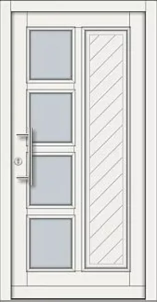 Moderne weiße Haustür mit 4 quadratischen Glaseinsätzen, vertikalem Rillenpaneel und schwarzen Beschlägen