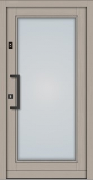 Moderne Holz-Haustür Modell KS-101 in heller Holzoptik mit großem, rechteckigem Lichtausschnitt aus Milchglas und schwarzem Design-Stoßgriff.