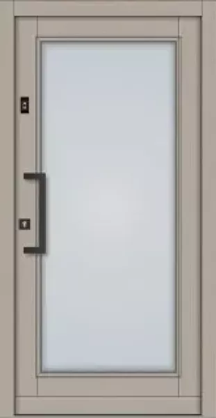Moderne Holz-Haustür Modell KS-101 in heller Holzoptik mit großem, rechteckigem Lichtausschnitt aus Milchglas und schwarzem Design-Stoßgriff.