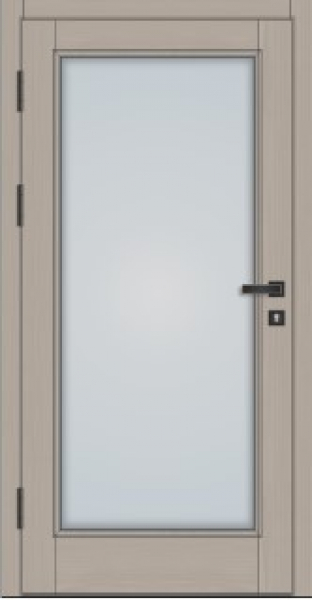 Klassische Massivholz-Haustür KS-101 mit großem Lichtausschnitt aus Milchglas, heller Holzoptik, schwarzer Drückergarnitur und sichtbaren Türbändern auf der linken Seite.