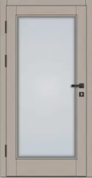 Klassische Massivholz-Haustür KS-101 mit großem Lichtausschnitt aus Milchglas, heller Holzoptik, schwarzer Drückergarnitur und sichtbaren Türbändern auf der linken Seite.