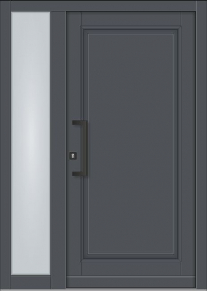 Klassische Massivholz-Haustür Modell KS-100 in Anthrazitgrau (RAL 7016) mit geschlossenem Türblatt, feststehendem Seitenteil aus Milchglas und modernem Stoßgriff.