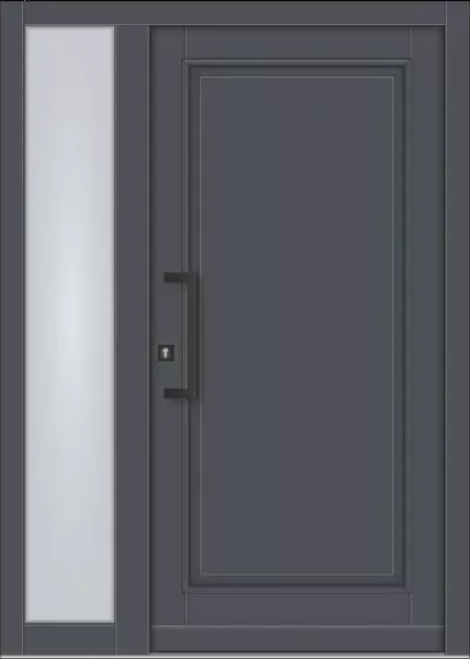 Klassische Massivholz-Haustür Modell KS-100 in Anthrazitgrau (RAL 7016) mit geschlossenem Türblatt, feststehendem Seitenteil aus Milchglas und modernem Stoßgriff.