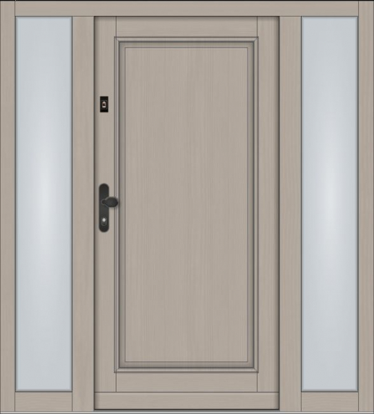 Klassische Massivholz-Haustür KS-100 in heller Holz-Optik mit zwei feststehenden Seitenteilen aus Milchglas und schwarzer Drückergarnitur.