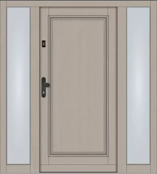 Klassische Massivholz-Haustür KS-100 in heller Holz-Optik mit zwei feststehenden Seitenteilen aus Milchglas und schwarzer Drückergarnitur.