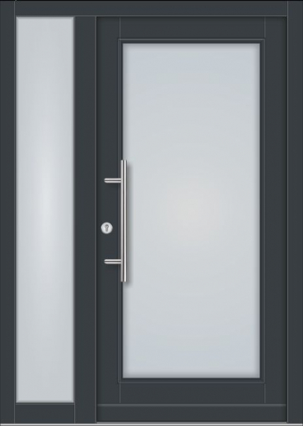 Moderne Holz-Haustür Modell KS-101 in Anthrazitgrau (RAL 7016) mit großem Lichtausschnitt aus Milchglas, passendem Seitenteil und Edelstahl-Stoßgriff.