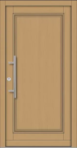 Klassische Massivholz-Haustür Modell KS-100 in heller Holzoptik mit vollflächig geschlossener Füllung und modernem Edelstahl-Stoßgriff.