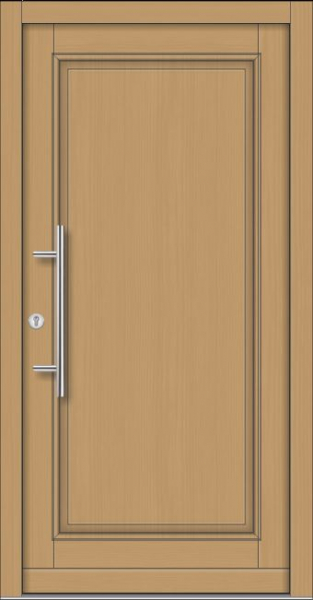 Klassische Massivholz-Haustür Modell KS-100 in heller Holzoptik mit vollflächig geschlossener Füllung und modernem Edelstahl-Stoßgriff.