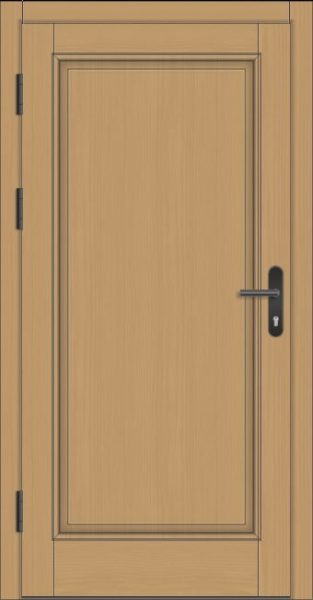 Klassische Massivholz-Haustür KS-100 in heller Holzoptik, geschlossene Füllung ohne Glas mit schwarzer Drückergarnitur und sichtbaren Türbändern.