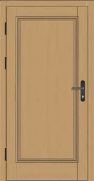 Klassische Massivholz-Haustür KS-100 in heller Holzoptik, geschlossene Füllung ohne Glas mit schwarzer Drückergarnitur und sichtbaren Türbändern.